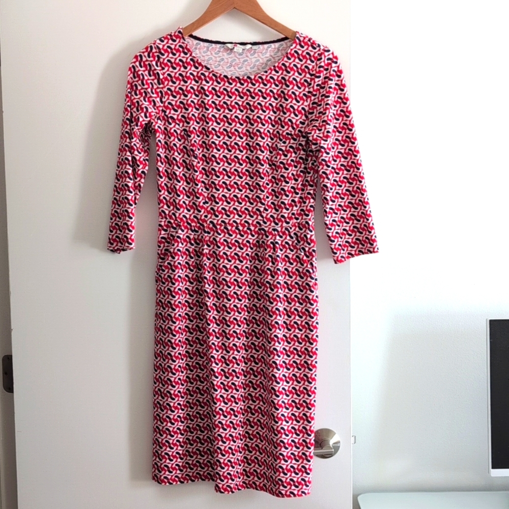 Boden Pink Red Patterned Long Sleeve Midi Dress